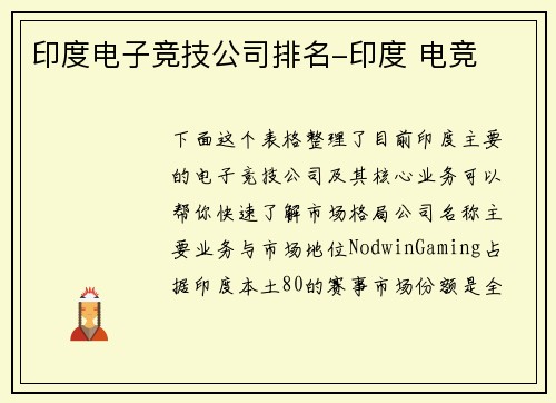 印度电子竞技公司排名-印度 电竞